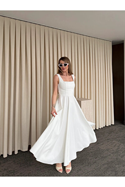 Laluvia White Princess Model Dress with Bow at the Waist - 3333