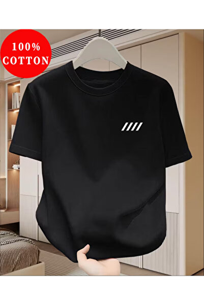LİNA06 Men's 100% Cotton T-Shirt, Simple Print Design, Basic Cotton Top for Men