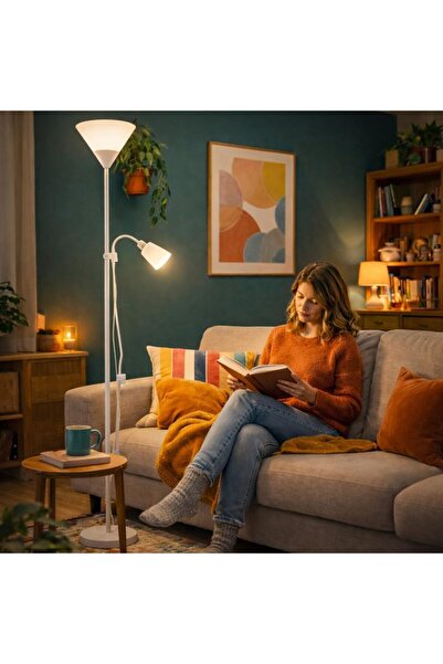 Sumkyle Torchiere Floor Lamp with Adjustable Reading Light, Matte White Finis...