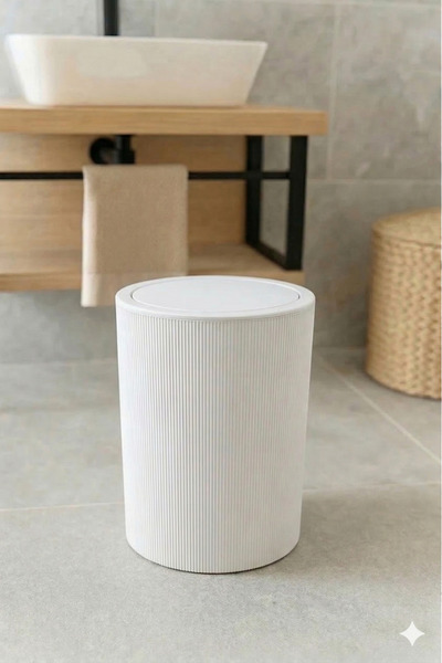 İndecor Houseware Liza Beyaz Striped Round Bathroom Trash Can - Kitchen Trash...