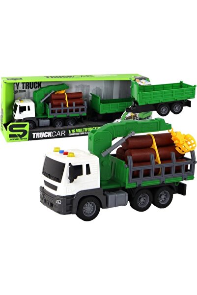 LeanToys Camion cu macara, acționare prin fricțiune, sunete, Green Wood 1:16