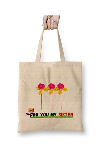 Generic Brand حقيبة قماش من For You My Sister Flowers بمقبض طويل