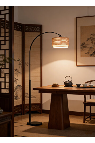 Tiokkss Boho Rattan Arc Floor Lamp, Adjustable Tall Standing Lamp for Sofa Si...