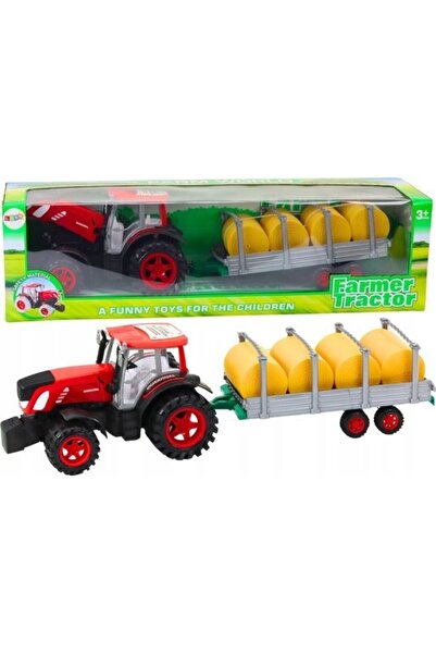 LeanToys Tractor agricol mare cu remorcă și baloți de fân, roșu.