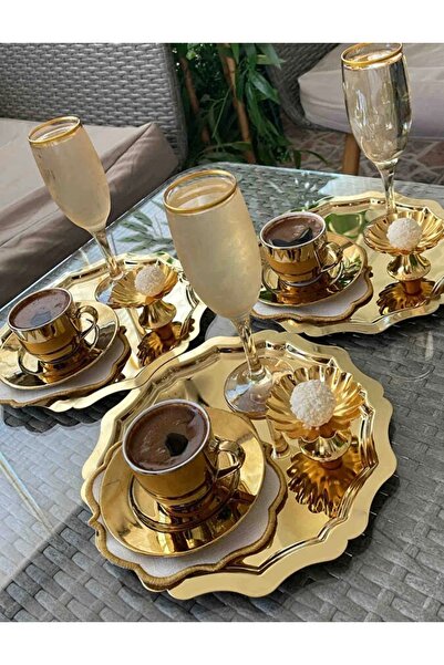 Elzemm store 3 ADET GOLD RENK YUVARLAK DALGALI 24 CM SERVİS SUNUM TEPSİSİ ÇELİK