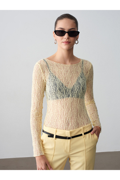 Dilvin 32764 Kayık Yaka Dantel Top-Açık Sarı