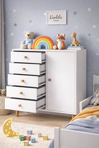 Kardelahome Kardela Nova Şifonyer %100 Mdf 5 Çekmeceli Kapaklı 3 Raflı Şifonyer