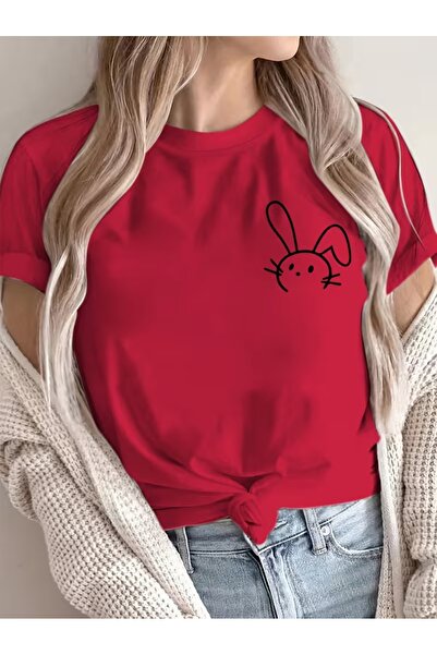 JENOLAN Women's Minimal Rabbit Printed Oversize T-Shirt