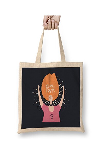 dekado Feminism Grl Pwr Text Cloth Bag Long Handle