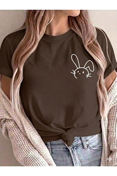 JENOLAN Women's Minimal Rabbit Printed Oversize T-Shirt