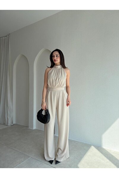 Mooi Butik Ολόσωμη φόρμα με λαιμόκοψη halter CROFT 3361 - Κρεμ