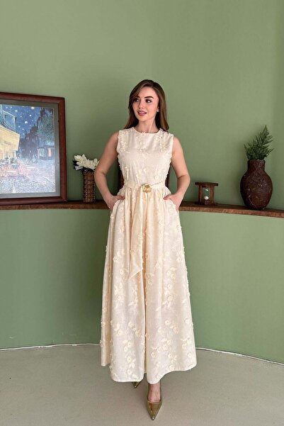 Elbee Fashion Woman Bej 3d Brode Detaylı Elbise