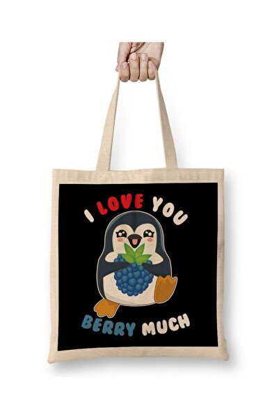 dekado حقيبة قماش I Love You Berry Much Cute Penguin I Love You بمقبض طويل