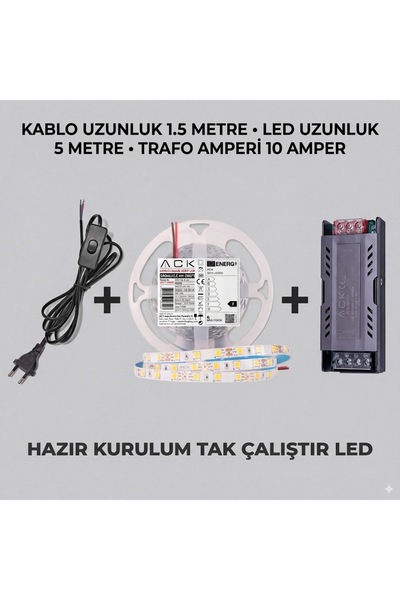ACK 5 METRE 4000K ŞERİT LED AYDINLATMA SETİ - 10A TRAFO + 1.5M FİŞLİ KABLO - ...