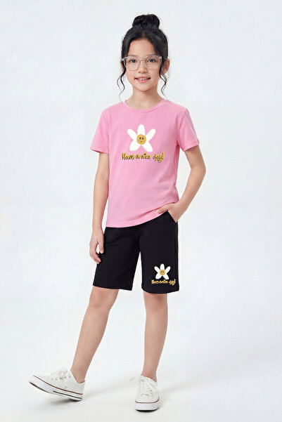 FYK COLLECTİON T-Shirt and Capri Pants Set with Print Detail for Girls, Round...