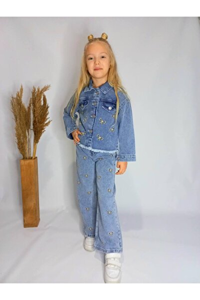 KİDSPİTİRCİK Set de 2 piese pentru fete, cu jachetă din denim și broderie cu ...