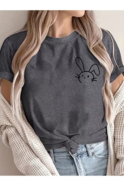 JENOLAN Tricou oversize cu imprimeu minimalist cu iepure pentru femei