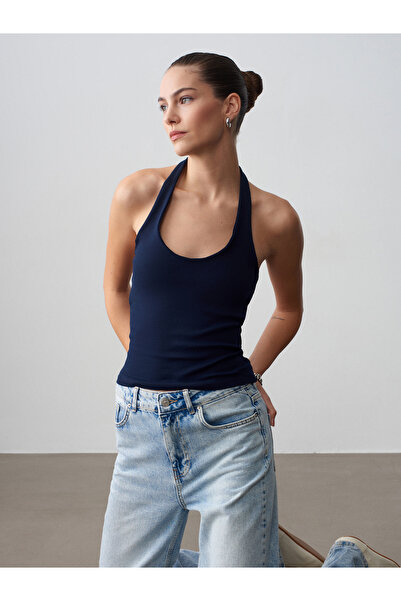 Dilvin 21052 Μπλούζα με λαιμόκοψη halter - Σκούρο Μπλε