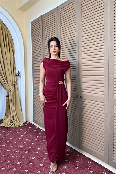 Neşeli Butik Women's Burgundy One-Shoulder Waist Buckle Detailed Slit Premium...