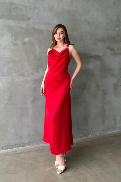 Elbee Fashion Woman Red Satin Degaje Collar Shoulder Buckle Dress