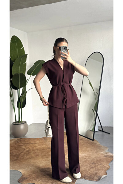 asfamoda Women's Burgundy Buttoned Tie-Up Vest Pleated Palazzo Trousers Set Stylish Two-Piece Set with Tie-Up Detail