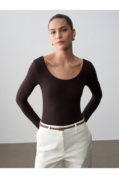 Dilvin 32776 Oval Yaka Bodysuit-Koyu Kahve