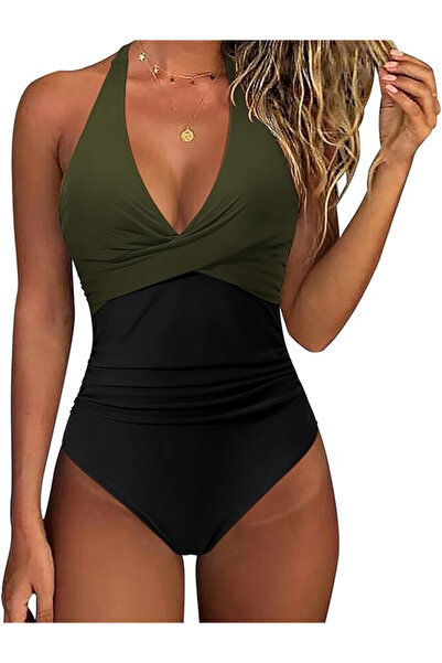 OEM Women's one-piece swimsuit with V-neck, Green/Black XL
