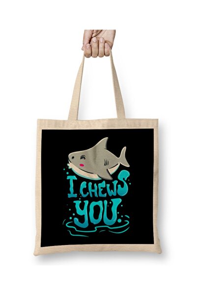 dekado Cute & Funny I Chews You Shark Chooses You Pun Tote Bag Long Handle