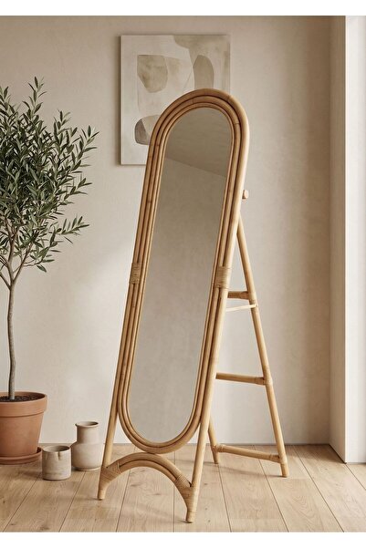 Natural Rattan Handcrafted Mirror with Woven Legs - Bohemian Home Decoration