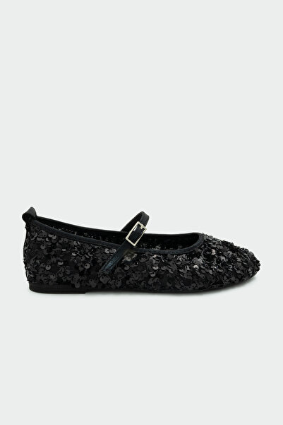 LAMİNTA Brest Black Women's Flat Buckle Ballerinas with Sequin Detail