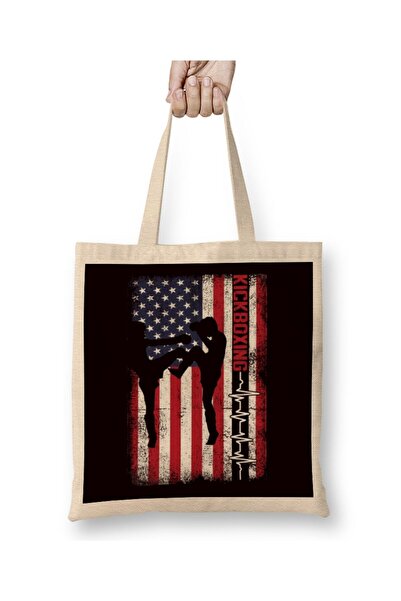 dekado US American Flag Heartbeat Kickboxing Fighter Kickboxer MMA Tote Bag L...