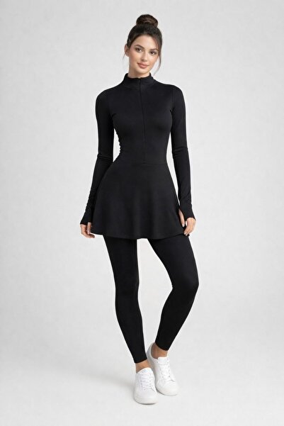 Maison La Femme Women's Sport Skirted Tights Zippered Long Sleeve Jumpsuit