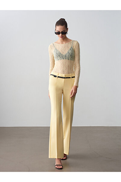 Dilvin 72677 Belted Straight Cut Trousers-Yellow