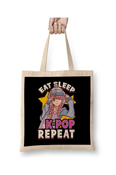 dekado Cute & Funny Eat Sleep K-Pop Repeat Korean Music Tote Bag Long Handle