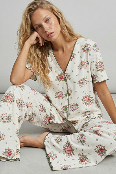 Siyah İnci Pink Big Flower Pattern Soft Tuşe Summer Ribbed Cotton Knitted Paj...