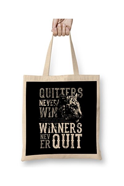 Generic Brand حقيبة قماش النمر من Quitters Never Win بمقبض طويل
