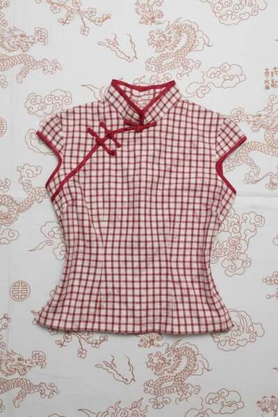 Karakedi White Red Gingham Chinese Knot Collar Closure Detail Short Sleeve Bl...