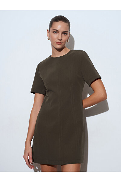 Dilvin 90937 Mini Dress with Stitching Detail-Khaki