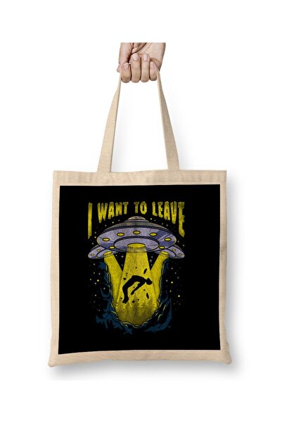 dekado حقيبة قماش I Want To Leave Funny UFO Alien Spaceship Pun بمقبض طويل