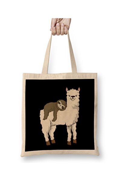 dekado Sloth Riding Llama Adorable Fluffy Llama & Sloth Tote Bag Long Handle