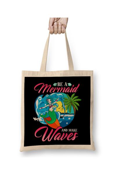dekado Be a Mermaid And Make Waves Adorable Mermaid Pun Tote Bag Long Handle