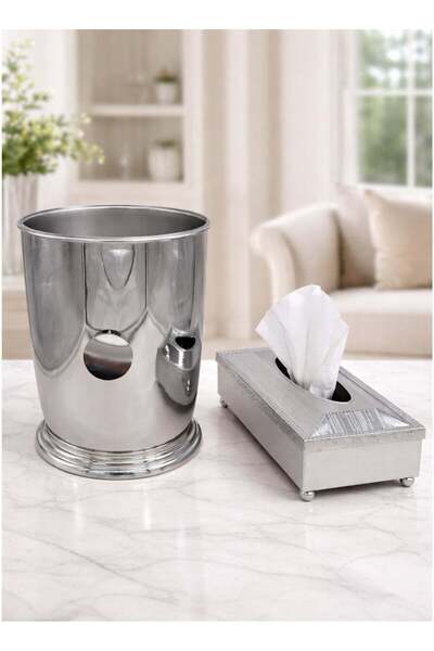 ALQANNAS Silver Trash Bin and Tissue Box Set | High-Quality Elegant Bin & Tis...