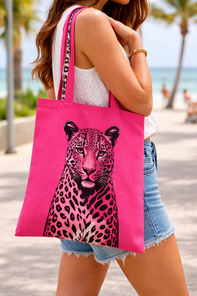ALYA Leopar Desenli Baskılı Bez Çanta – Canlı Pembe