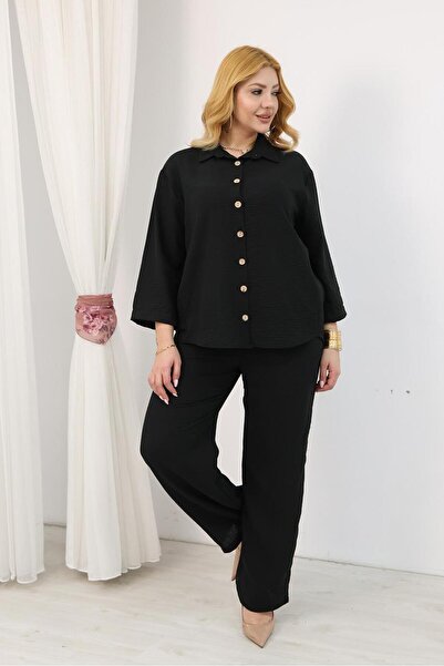 Siyezen Plus Size Linen Suit with Wooden Button Detail