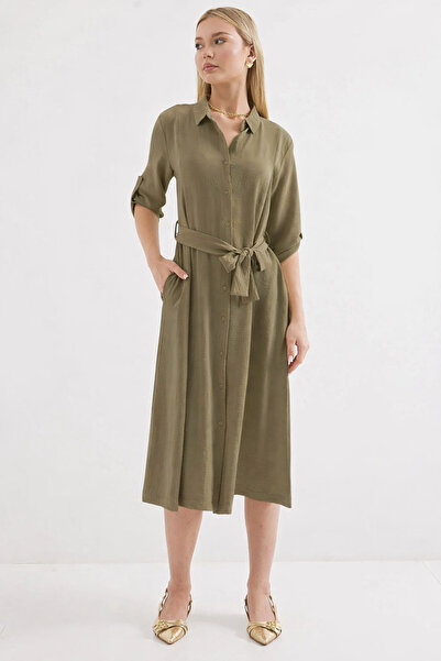 ribana Women's shirt collar belted waist button-down solid trendy shirt dress...