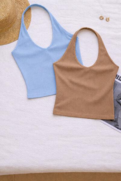 ÖZ PAMUK Γυναικεία μπλούζα με χιαστί λαιμόκοψη, αμάνικη, 2 τεμαχίων, ριμπ, βα...