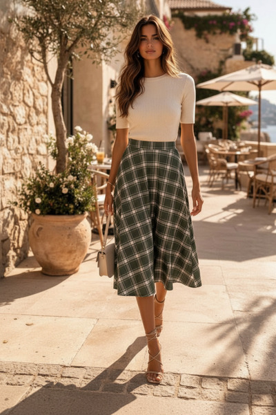 NO 601 Women's Plaid Patterned Midi Length Long Flared Skirt