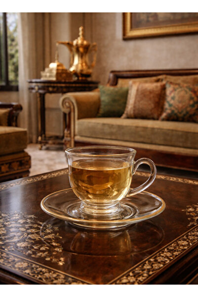 ALQANNAS 6-Piece Tea Cup Set with 6 Saucers, Crystal Glass with Gold Line Design
