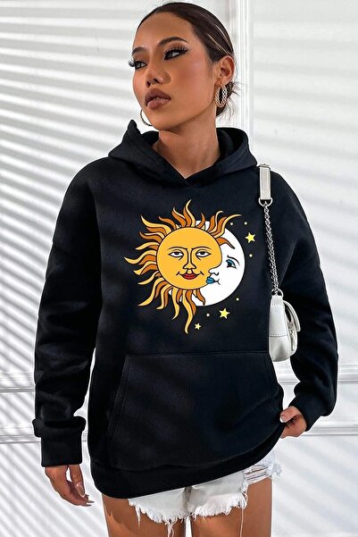 EYAX MODA Black Printed Unisex Oversize Hooded Sweatshirt