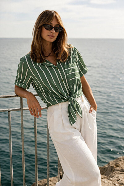 Markazzi Women's Dark Green Striped Belted Short-Sleeved Shirt